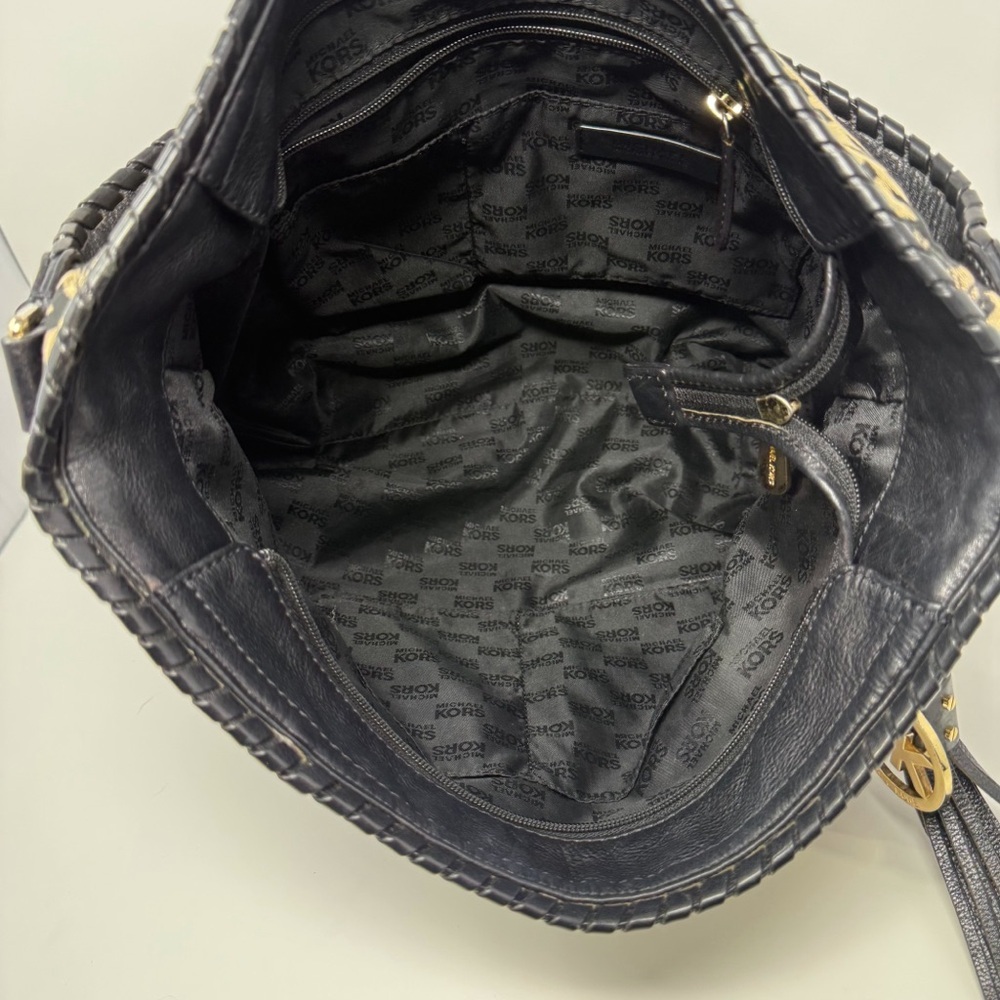 Michael Kors MK Logo Jacquard Hobo Shoulder Bag Black Tan Tassel Charm - Picture 12 of 16